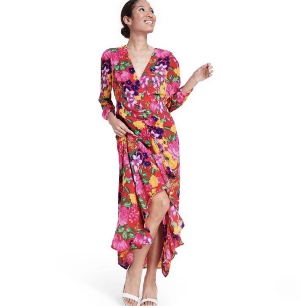 RIXO - Floral V-neck wrap midi dress (red/pink/yellow)